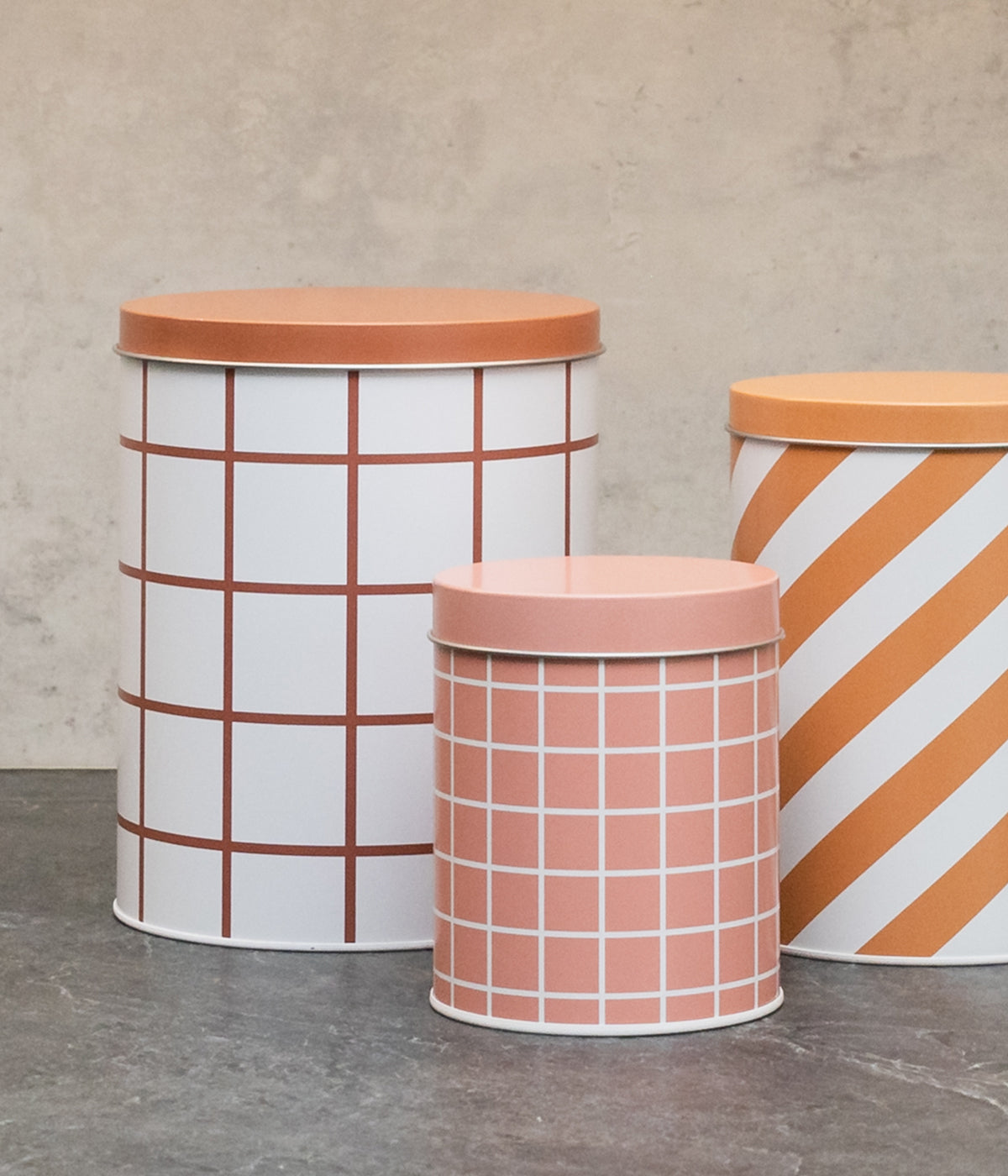 Checks & Stripes tin jar set of 3 pcs pink, ochre, brown